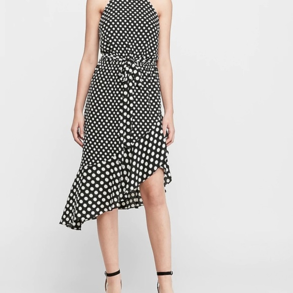 Express Black & White Polka Dot Asymmetrical Dress